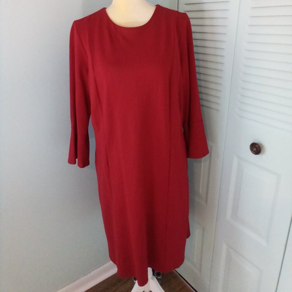 J.JILL PONTE L SHEATH ROUND NECK 3/4 FLUTTER SLEEVES VISCOSE MIDI BUTTON KEYHOLE